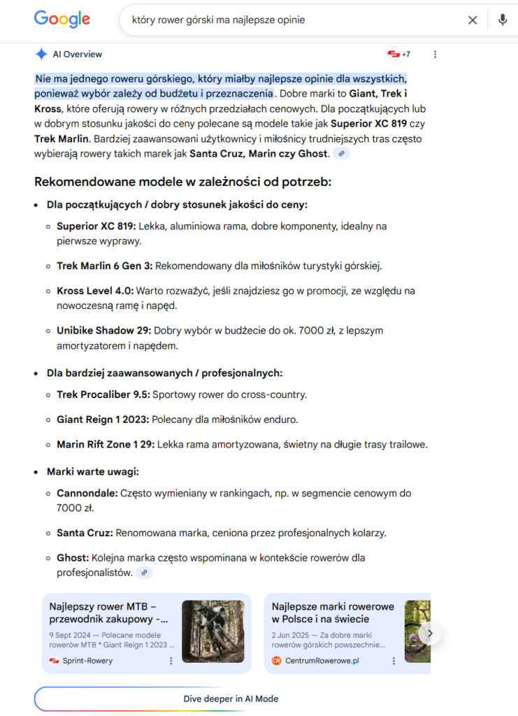 AI Overview ułatwiające wybór roweru górskiego.