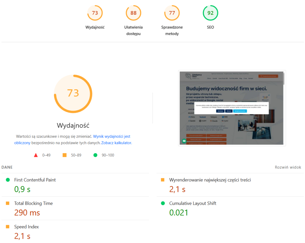 Analiza prędkości ładowania strony w Google PageSpeed Insights.