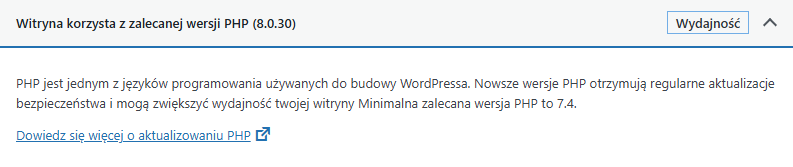 Analiza wersji PHP WordPress.