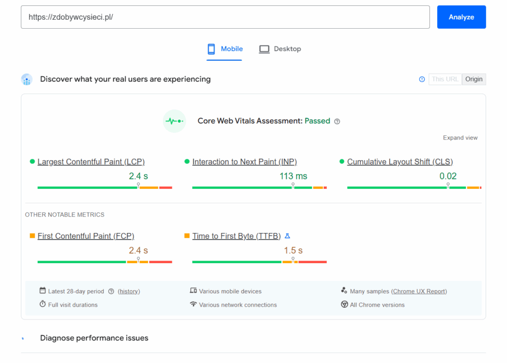 Analiza wydajności witryny w PageSpeed Insights
