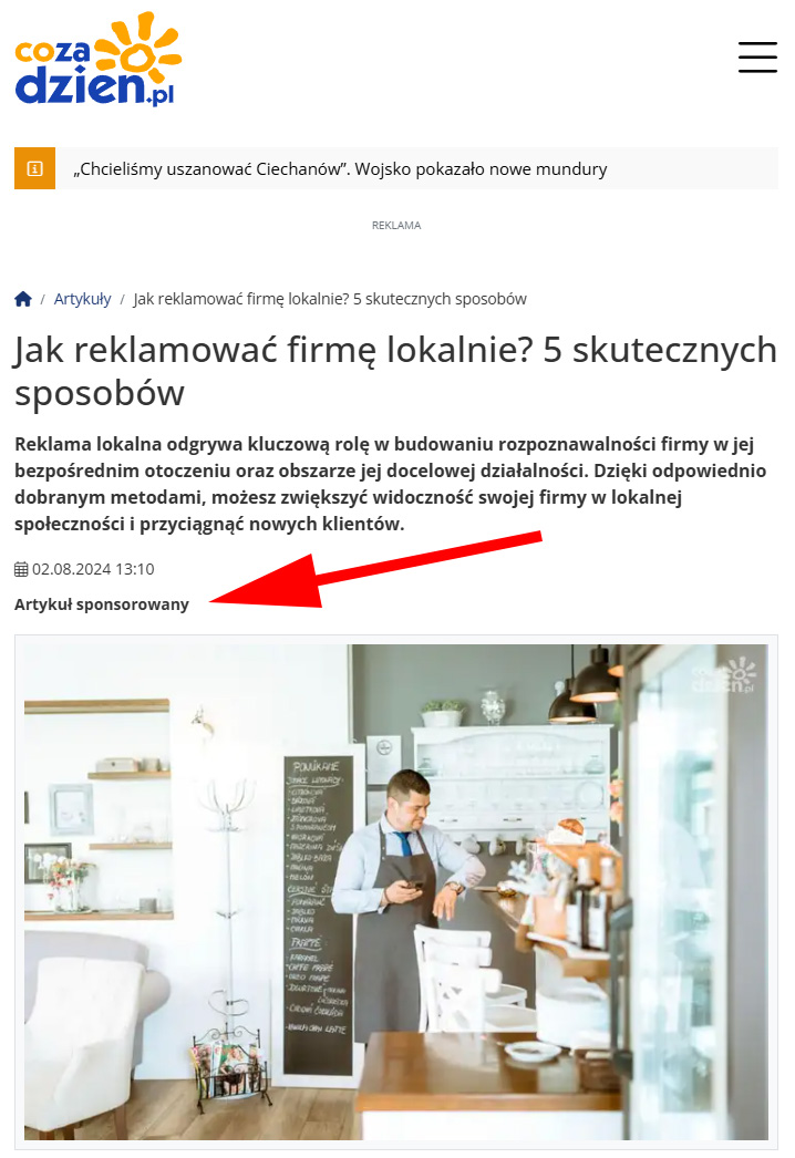 Artykuły sponsorowane a SEO - jak wspierają pozycjonowanie i widoczność w AI? 1 przykład artykułu sponsorowanego