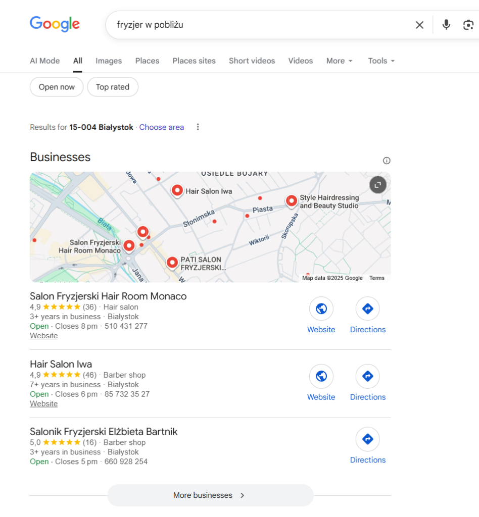 Bliskie wyniki wyszukiwania Google.