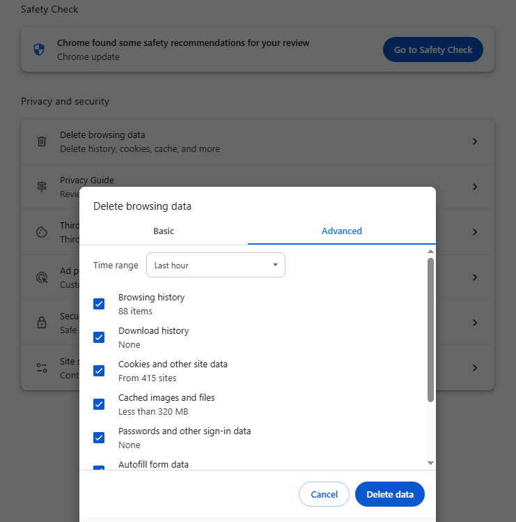 Czyszczenie pamięci podręcznej w Google Chrome.