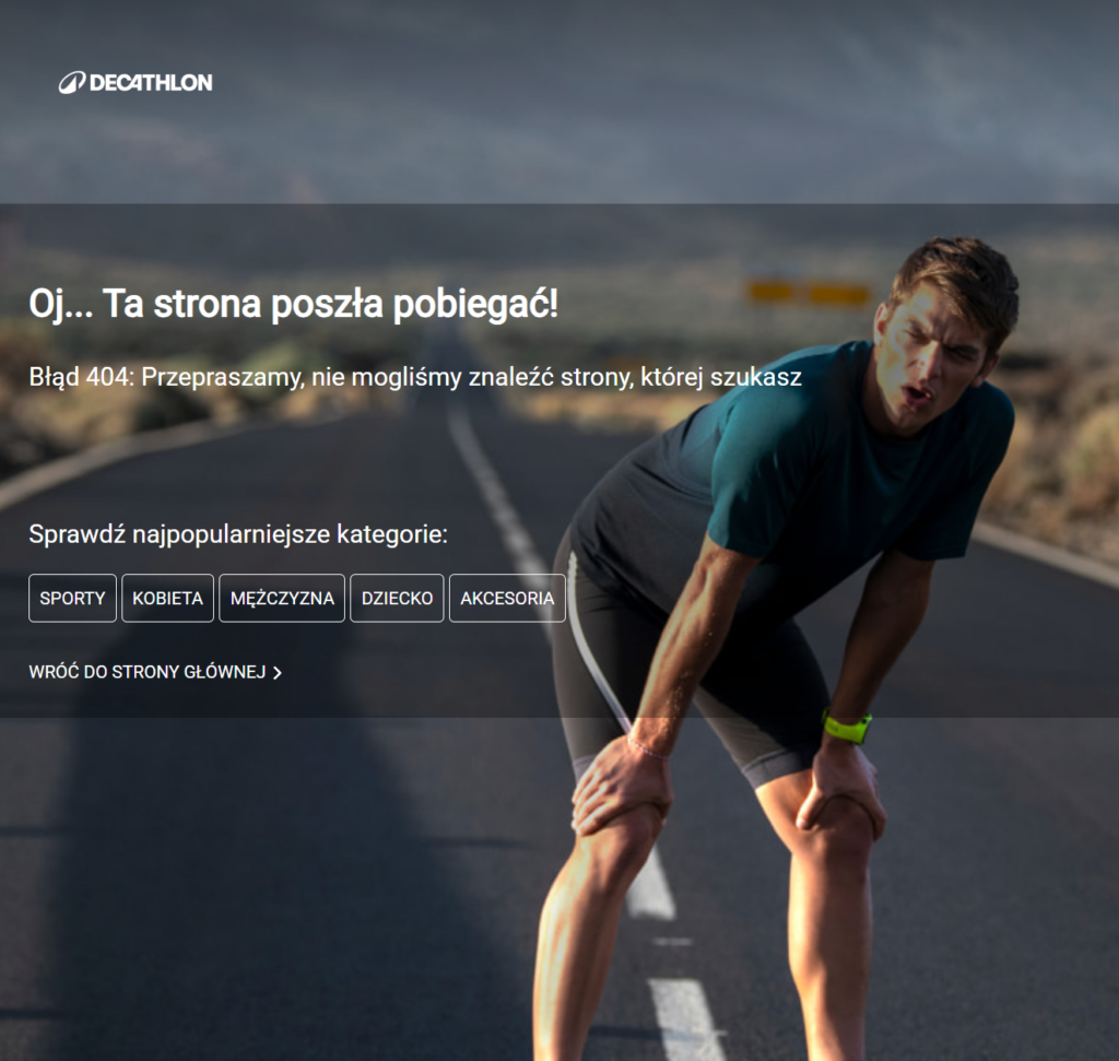 Decathlon – humorystyczna strona z błędem 404.