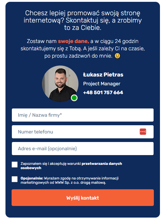 Formularz kontaktowy WordPress na podstronie blogowej.