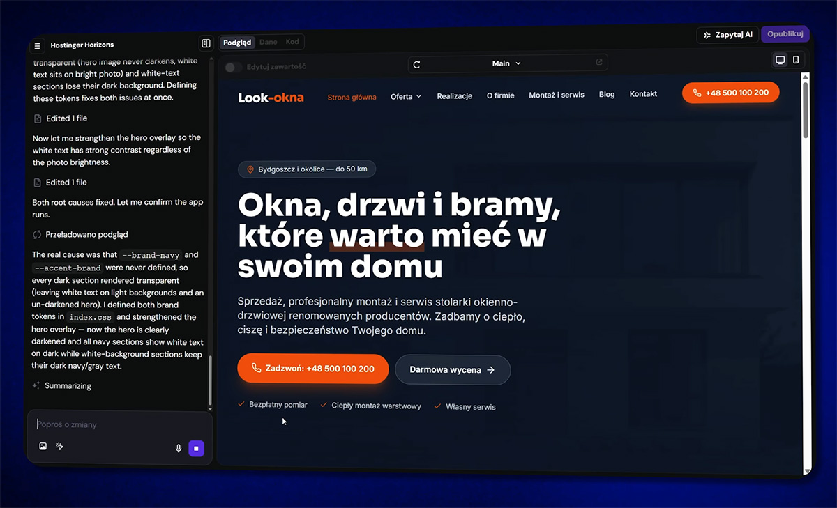Strona internetowa z AI w 3 minuty? Przetestowaliśmy 5 popularnych narzędzi 9 strona wygenerowana w Hostinger.