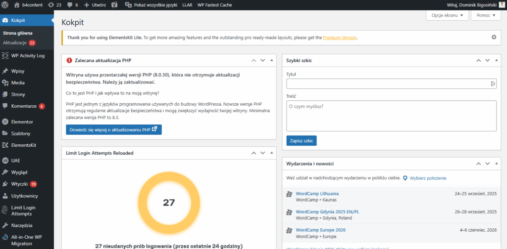 Kokpit administratora WordPressa.
