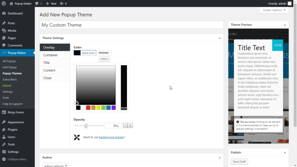 Konfiguracja wyskakującego okienka WordPress.