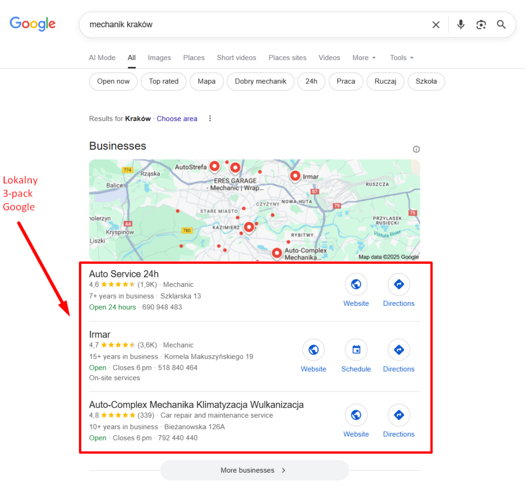 Jak pozycjonować wizytówkę Google? 2 Widoczność w lokalnym 3-packu w Google – rezultaty dobrze zoptymalizowanej wizytówki GMB.