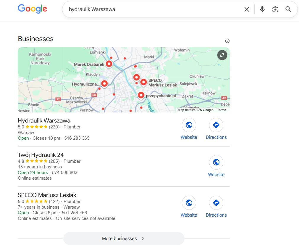 Wyniki lokalnego 3-packa w Google.