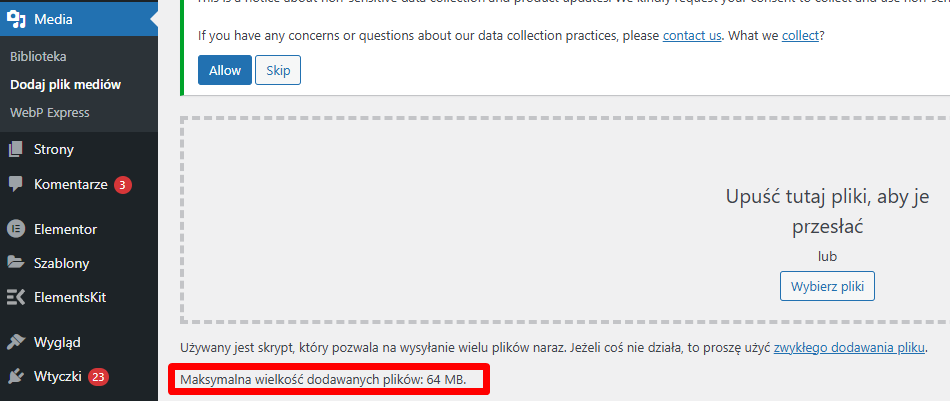 Maksymalna wielkość przesyłanych plików.