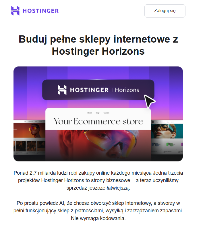 Newsletter firmy Hostinger bazujący na trendach rynkowych.