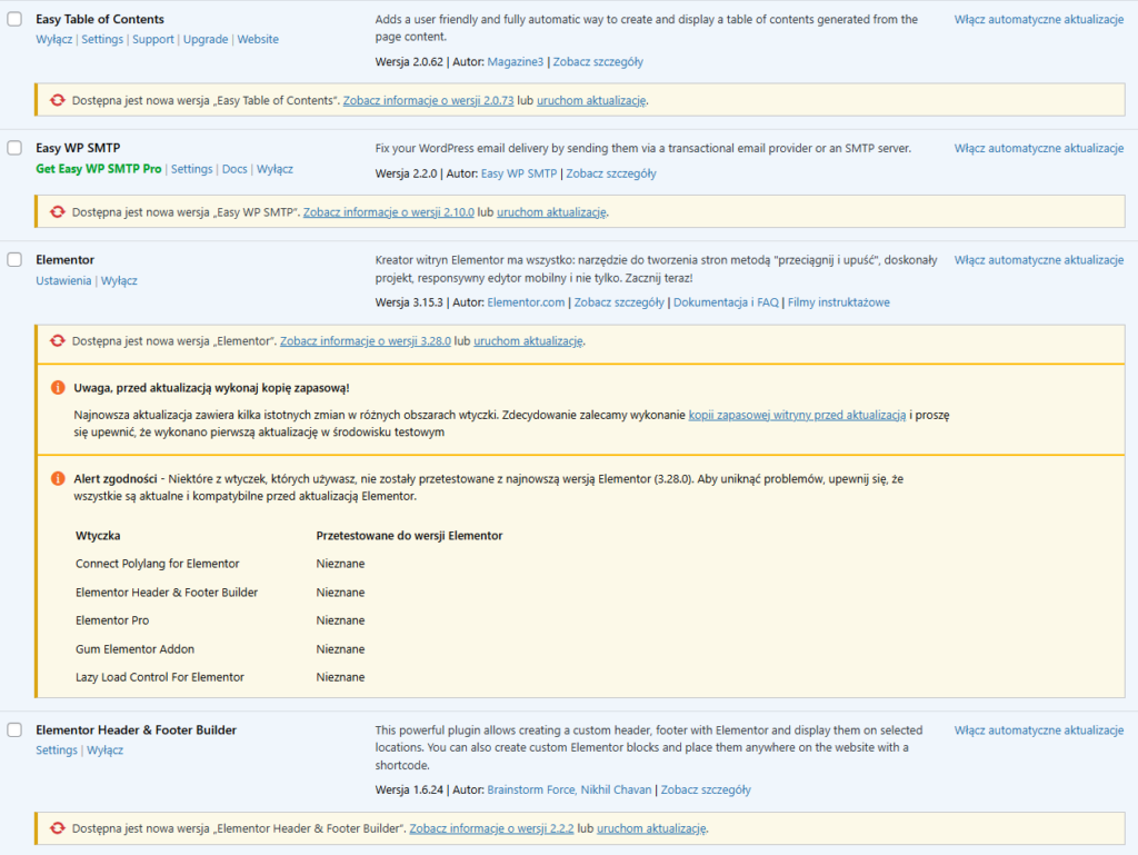 Niezgodne i niezaktualizowane motywy oraz wtyczki WordPress.