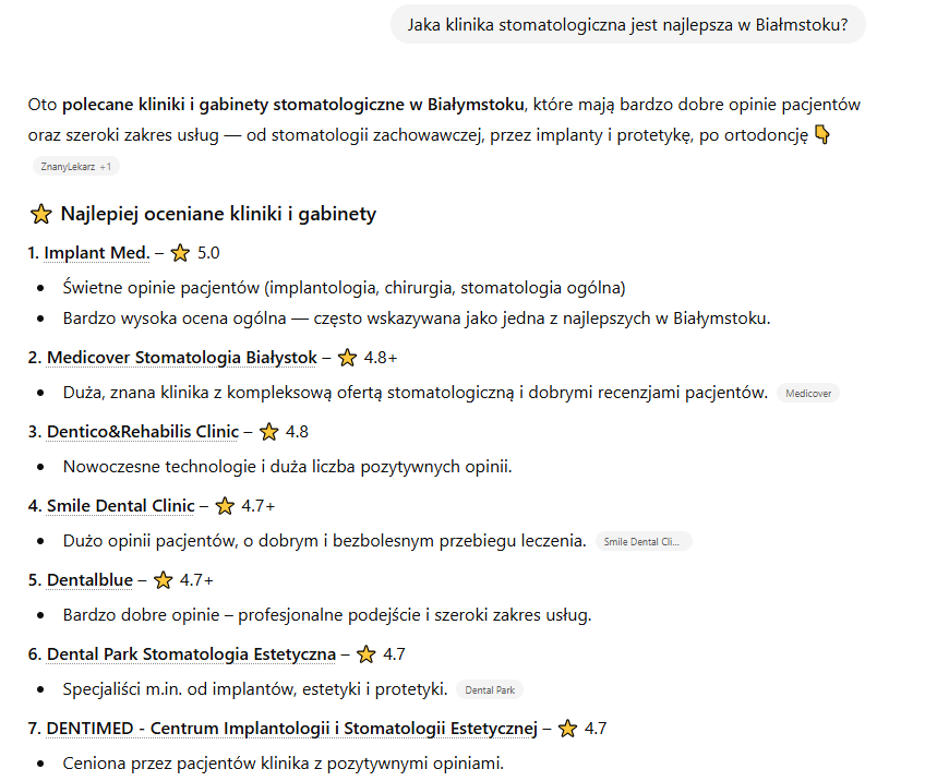 Odpowiedzi ChatGPT na temat polecanych klinik stomatologicznych.