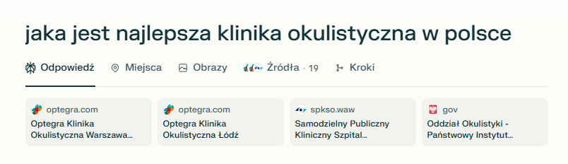 Odpowiedzi Perplexity w zakresie najlepszej kliniki okulistycznej w Polsce.