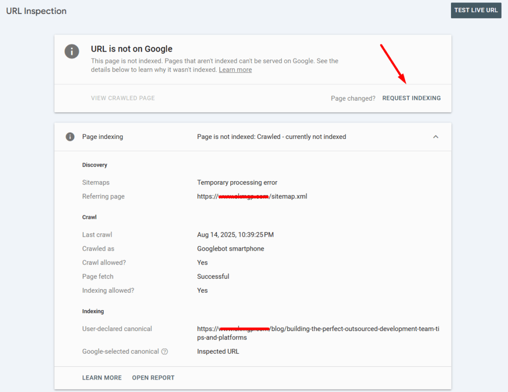 Pole do ręcznego zgłoszenia URL w Google Search Console.