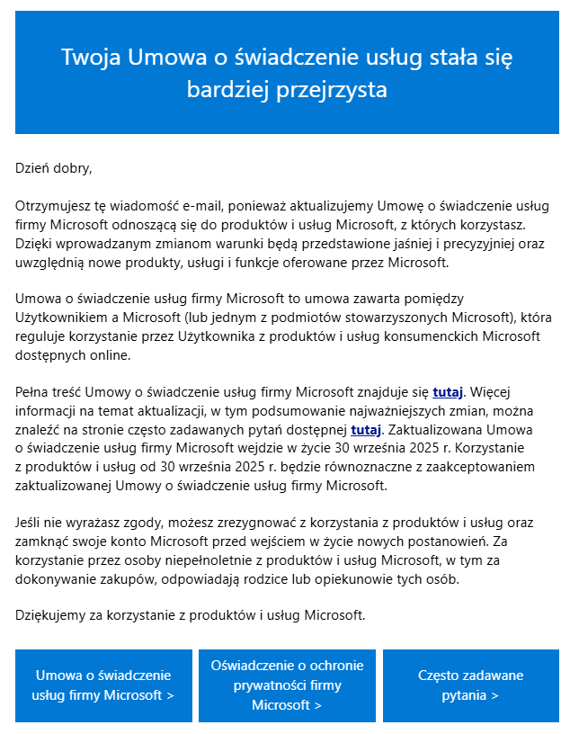 Przykład konkretnej wiadomości mailowej od Microsoft.