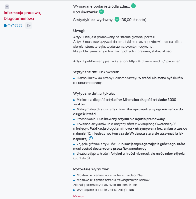 Przykład oferty z 12-miesięczną publikacją treści sponsorowanej – portal WhitePress.