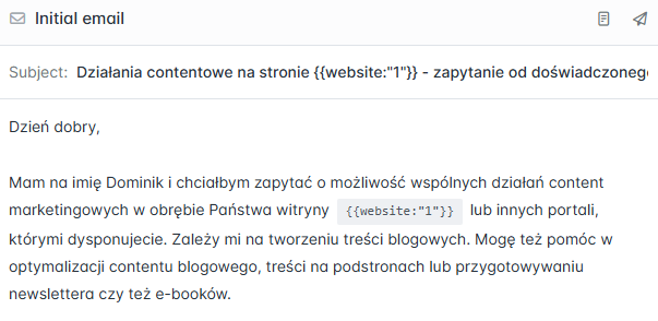 Przykład personalizacji maila w hunter.io.