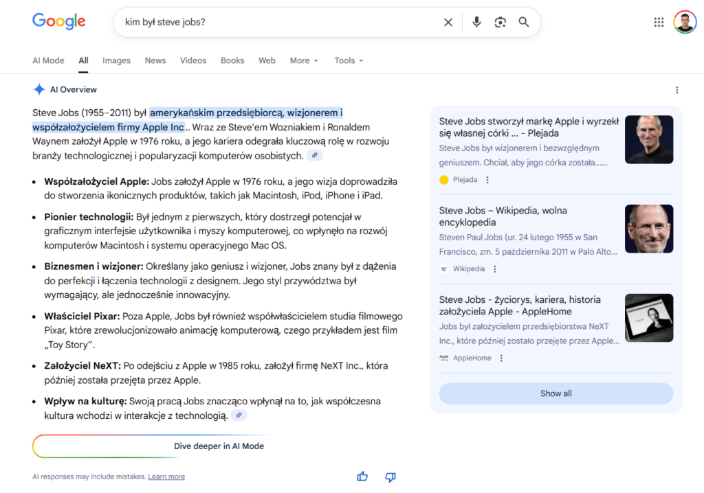 Przykład rozwiniętych wyników wyszukiwania AI Overview.