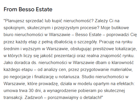 Jak pozycjonować wizytówkę Google? 8 Przykład treści SEO do wizytówki Google Moja Firma.