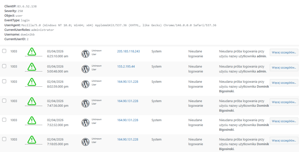 Przykładowe logi serwera WordPress.