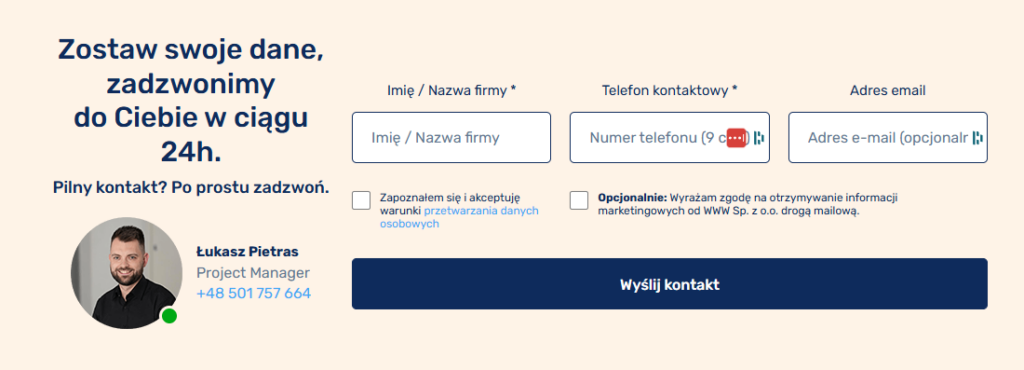 Przykładowy formularz kontaktowy WordPress.