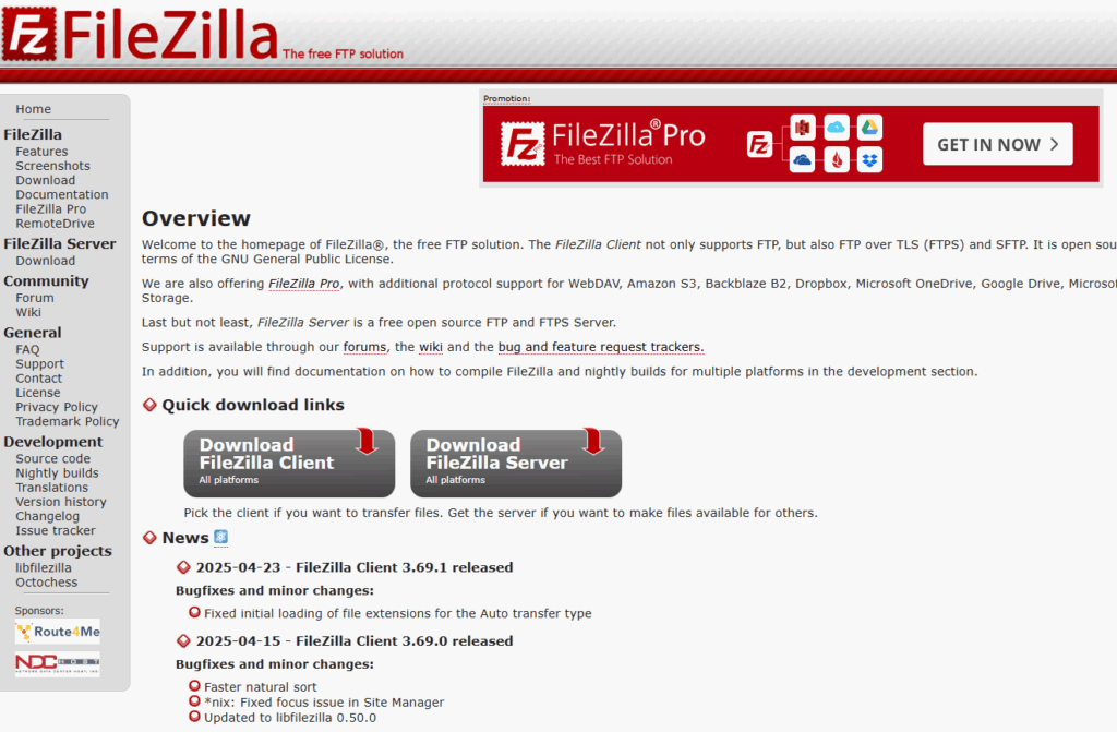 Przykładowy FTP – FileZilla.