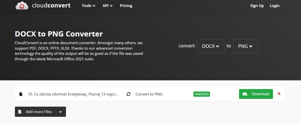 Przykładowy konwerter umożliwiający obniżenie wagi pliku graficznego – CloudConvert.