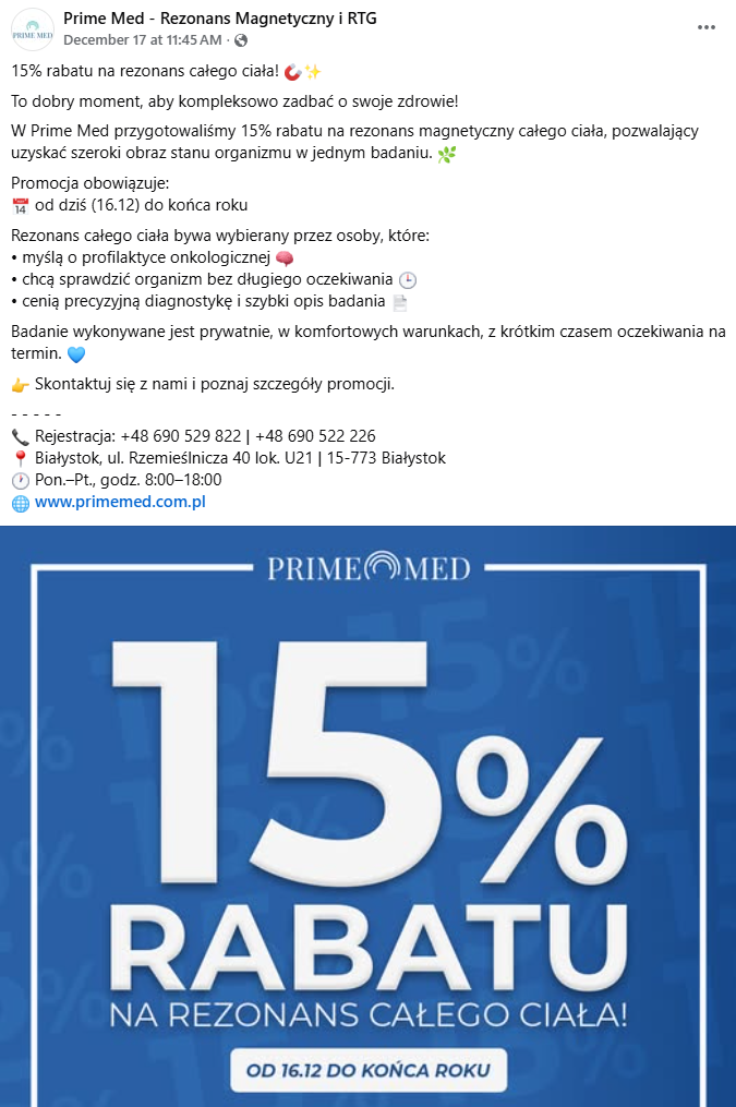Przykładowy post kliniki rezonansu medycznego na Facebooku.