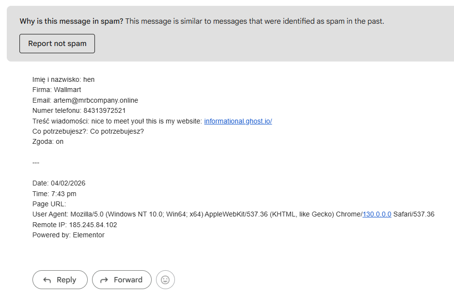Przykładowy spam wykryty w logach, nawiązujący do formularza kontaktowego na stronie.