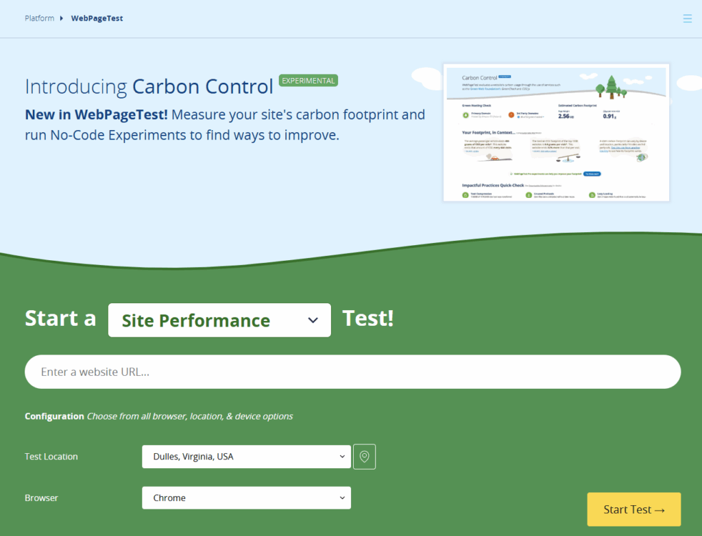 Rozpoczynanie testu wydajności w WebPageTest.