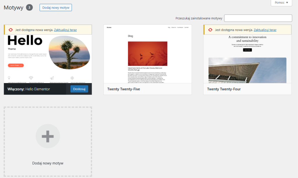 Starsze wersje motywów aktywne w WordPress.