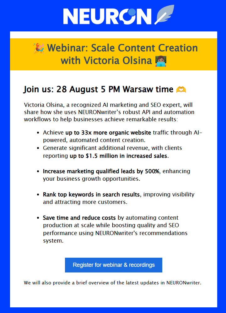 Struktura wiadomości newslettera od ekipy Neuron Writer.