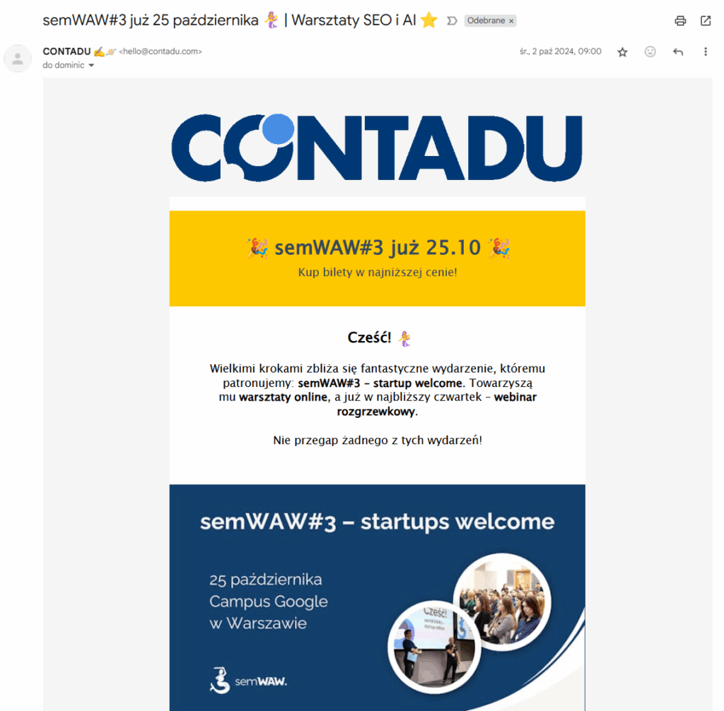 Temat i preheader newslettera od Contadu.