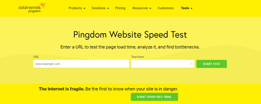 Test strony w narzędziu Pingdom.