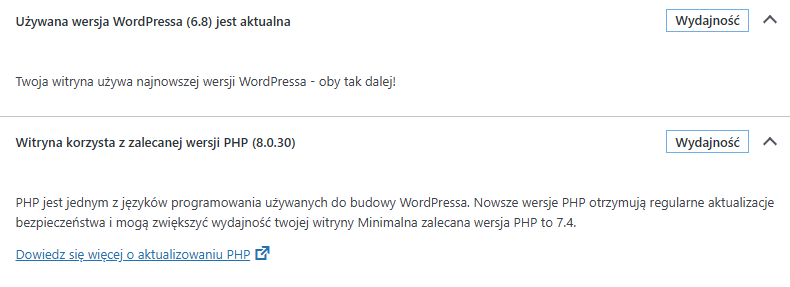 Wersja WP i PHP WordPress.
