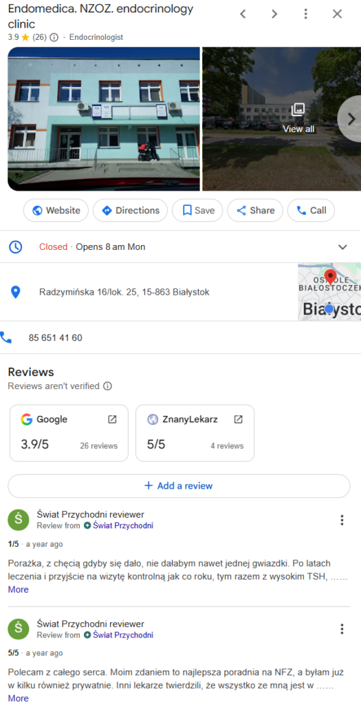 Wizytówka Google jednej z klinik endokrynologicznych.