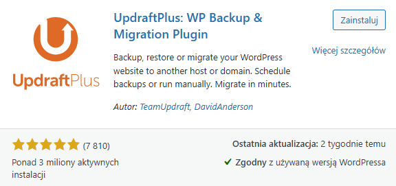 Wtyczka UpDraftPlus do tworzenia kopii zapasowych. 