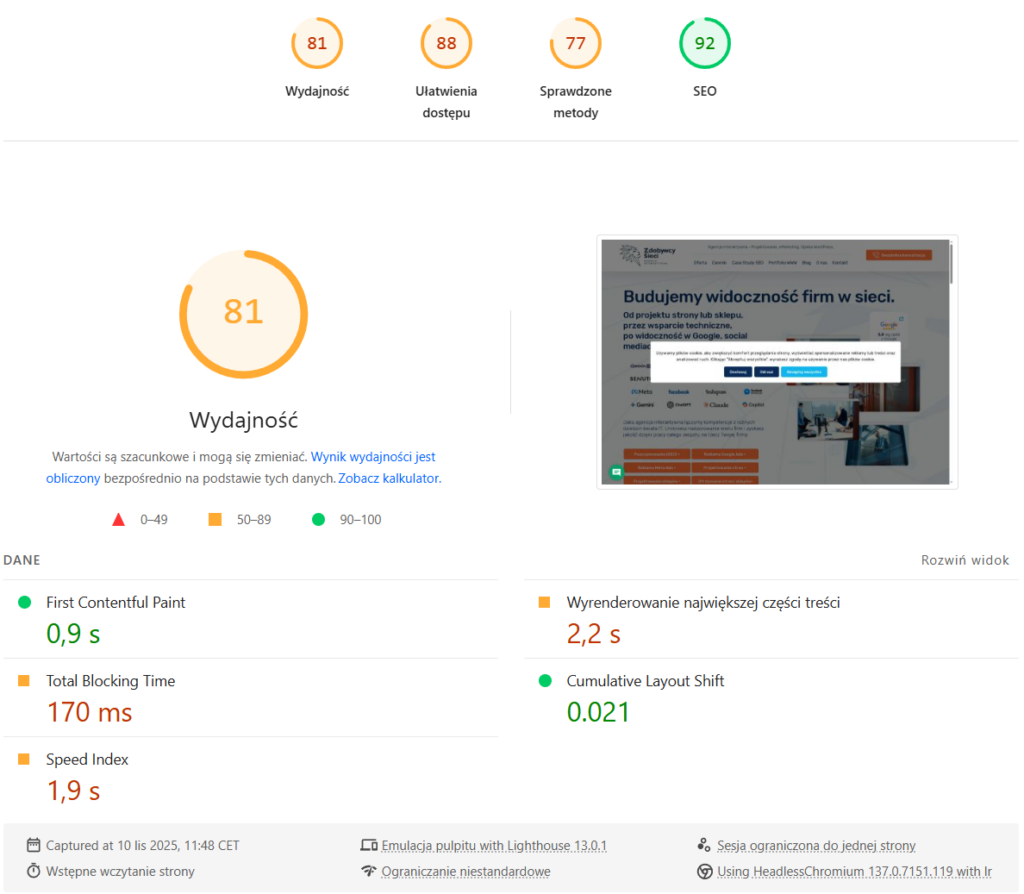 Wydajność strony Zdobywcy Sieci na smartfonie – analiza Google PageSpeed Insights.