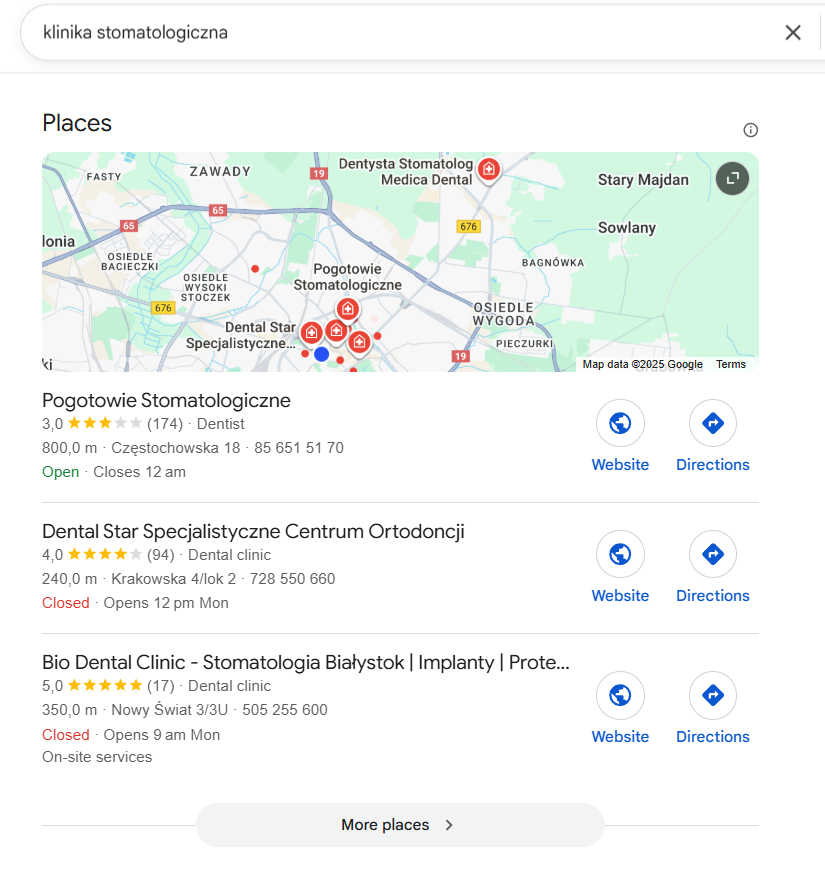 Wyszukiwanie klinik stomatologicznych w Google Maps.