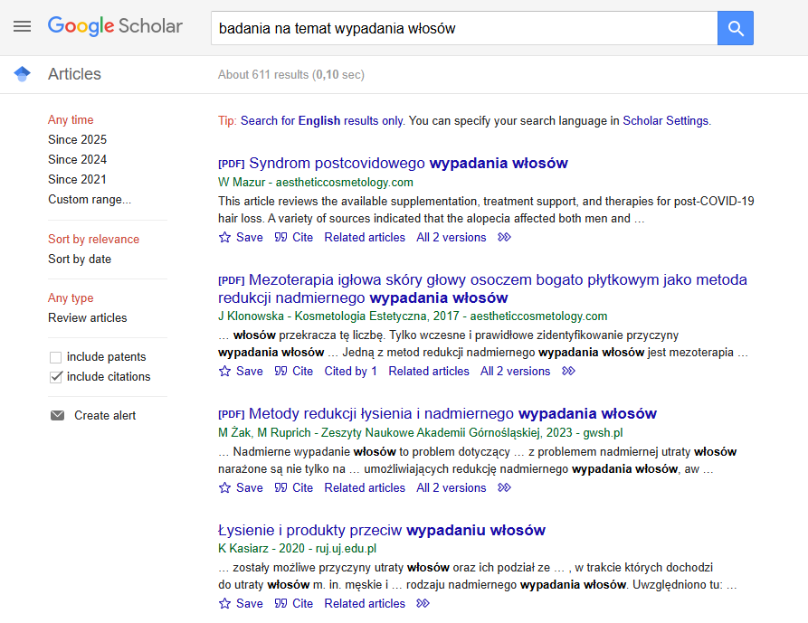 Wyszukiwanie najnowszych statystyk w celu stworzenia interesującego artykułu na temat wypadania włosów – analiza Google Scholar.